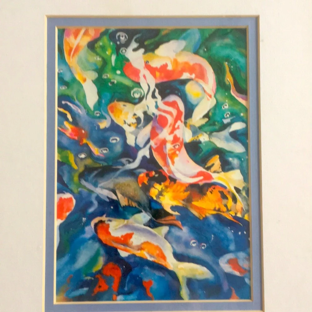 Framed Koi Fish Colourful Water Painting Print by Tracy Reid 1991 - Oak Frame - Picture 9 of 14